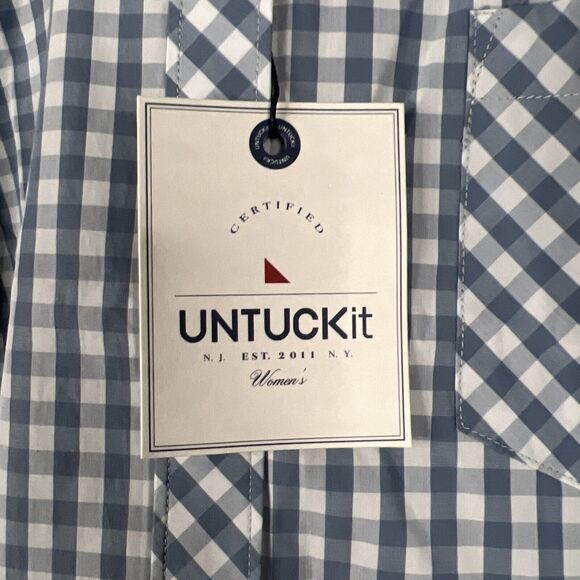 Untuckit Shirt Womens 10 Crispo Blue Checker Button Up Pocket Long Sleeve Top - Picture 5 of 12
